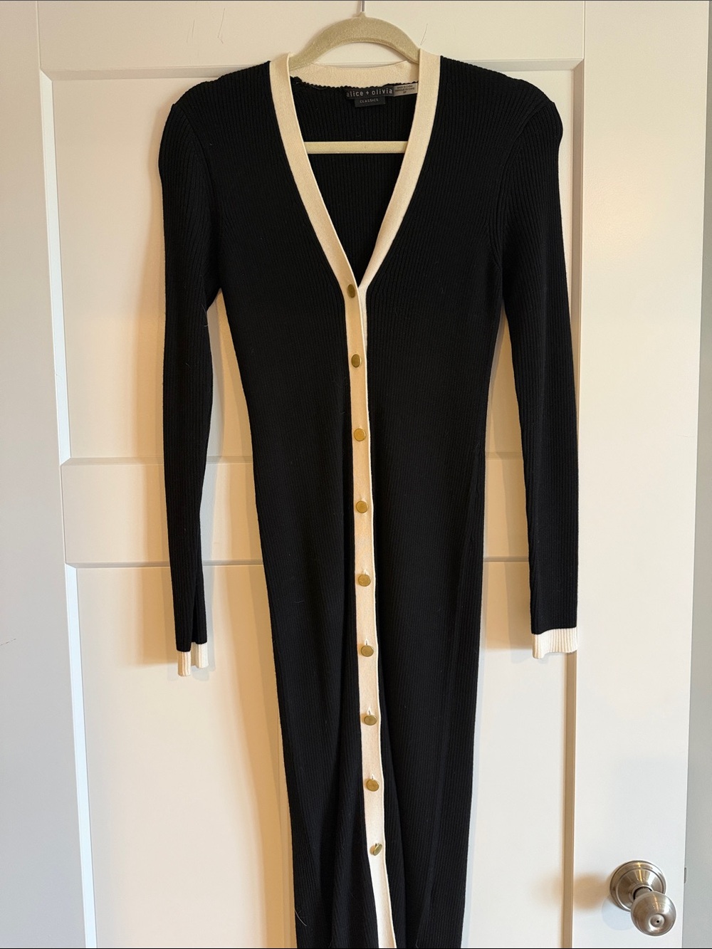Alice + Olivia Black Dress with Cream Trim and Gold Buttons